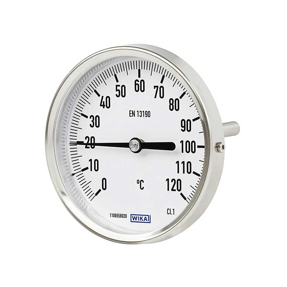 گیج دما (ترمومتر) بی متال ویکا 120 درجه سانتیگراد صفحه 10سانتی طول 100 میلی متر قطر 6 میلی متر مدل A52