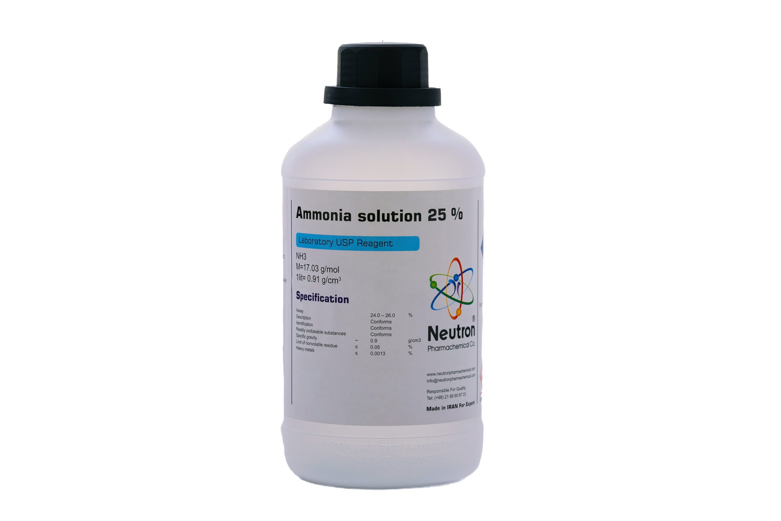 آمونیاک 25 درصد یک لیتری بطری پلاستیکی گرید USP، شیمی دارویی نوترون