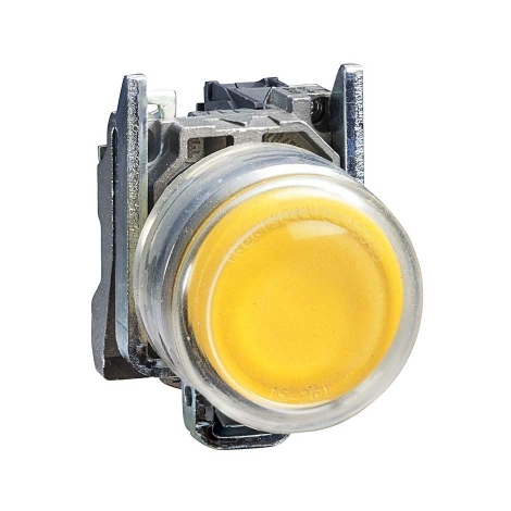 پوش باتن فلزی زرد 22 میلیمتری کنتاکت باز بازگشت فنری با سری برآمده و محافظ سیلیکن شفاف مدل XB4 اشنایدر الکتریک