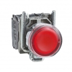 پوش باتن چراغدار فلزی قرمز 22 میلیمتری یک کنتاکت باز+یک کنتاکت بسته بازگشت فنری با سری هم سطح 24 ولت AC.DC مدل XB4 اشنایدر الکتریک